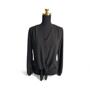 White House Black Market Black Front Tie and White Polka Dot Blouse Womens M